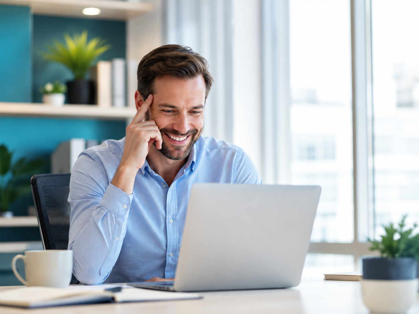 Happy professional businessman working at a laptop