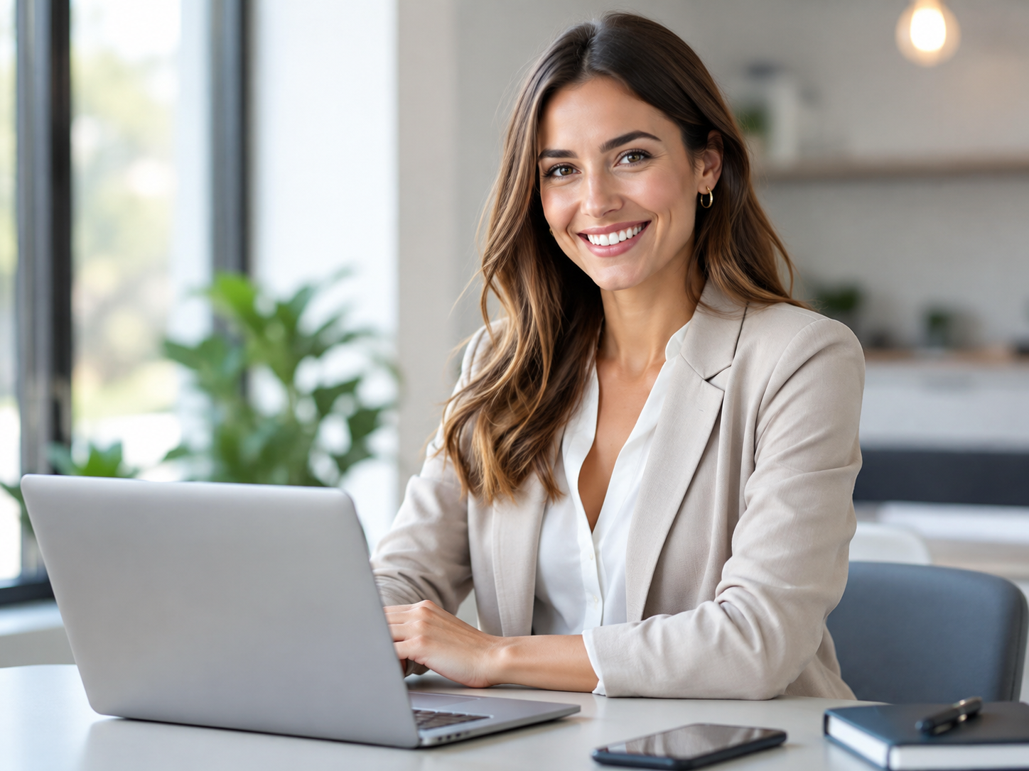Happy professional businesswoman working at a laptop